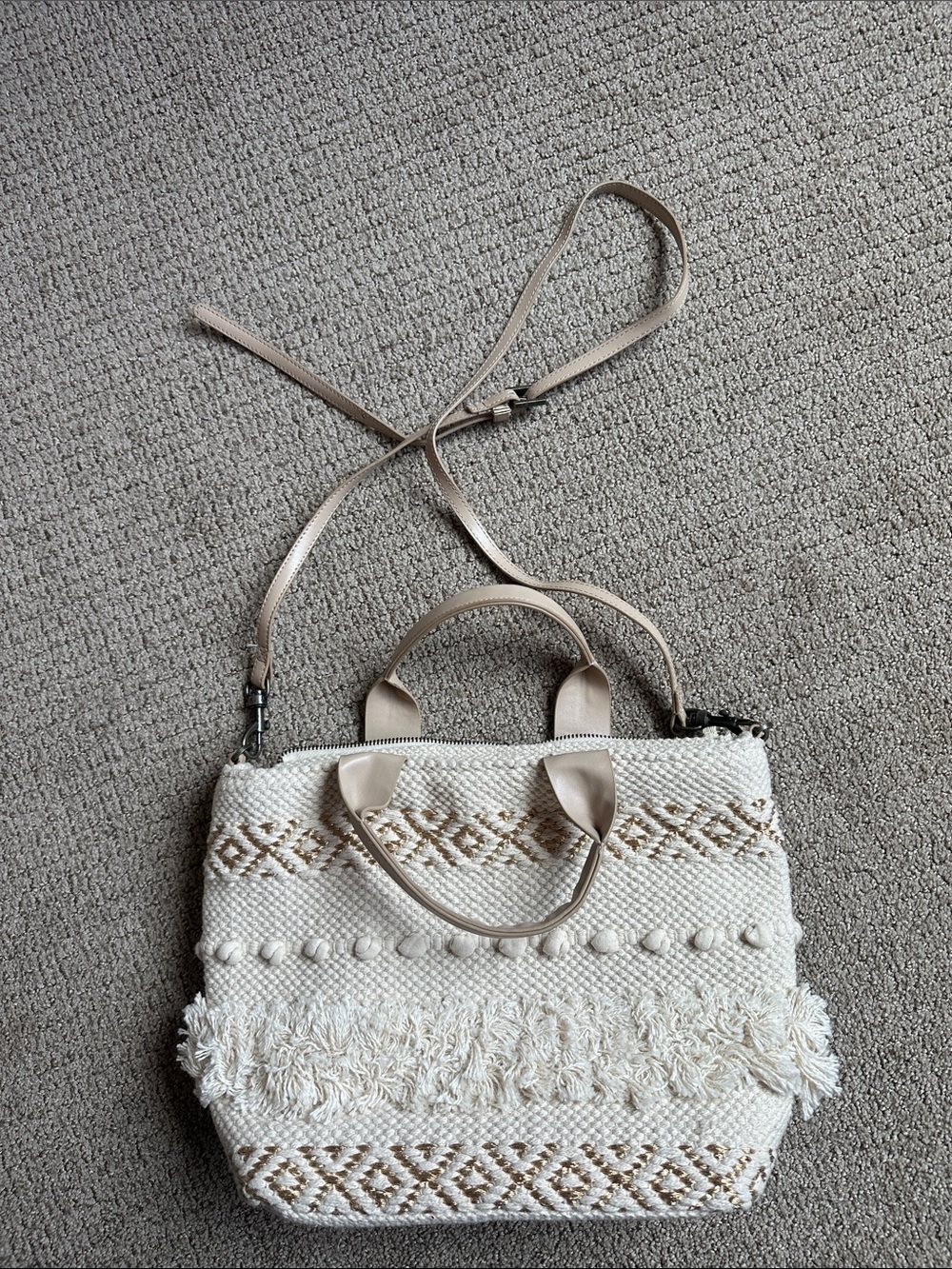 Neutral Woven Fringe metallic mixed media shoulder bag!